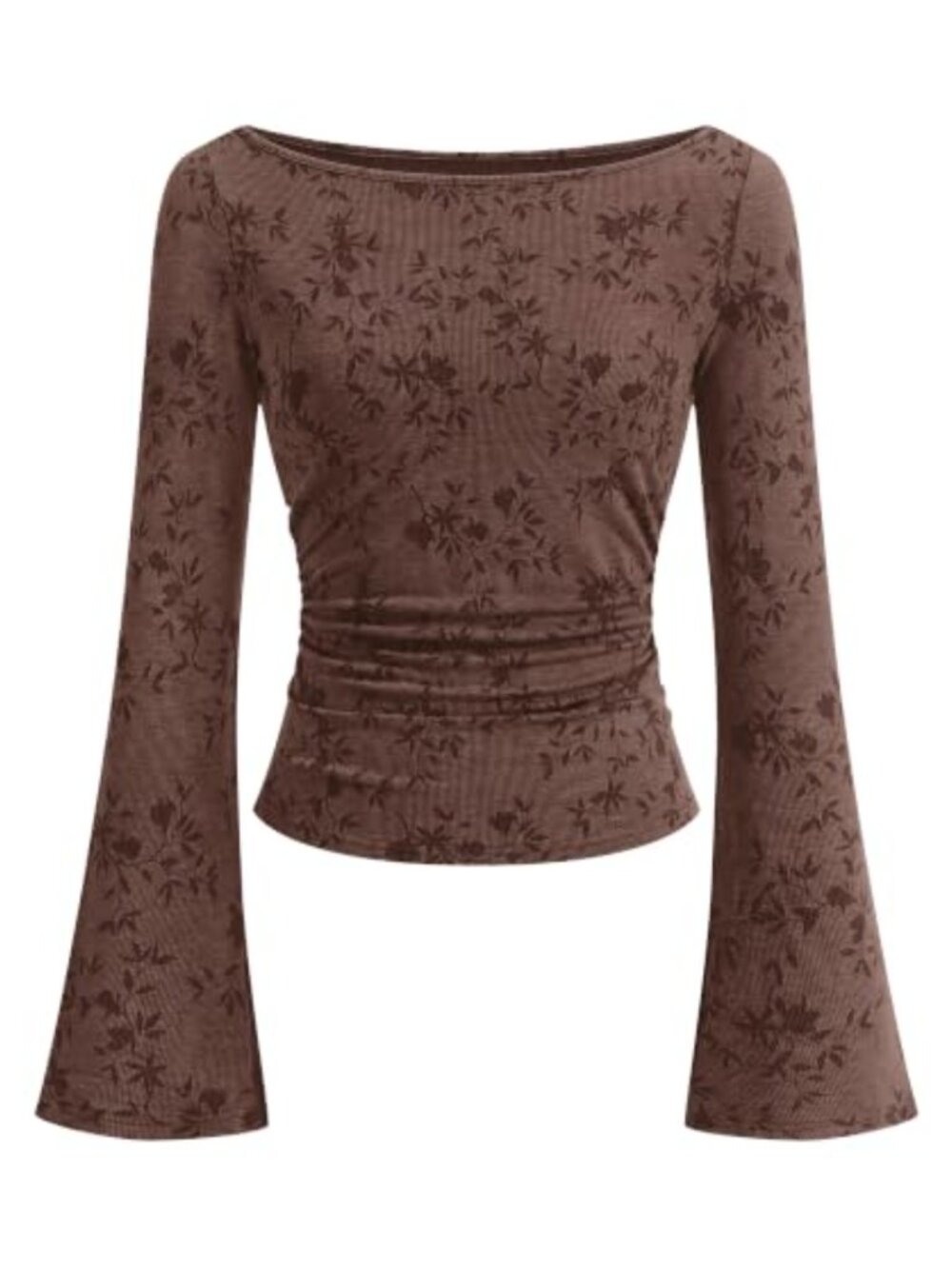 Womens Floral Ribbed Knit Bell Long Sleeve Boat Neck Top Slim Fit Pullover